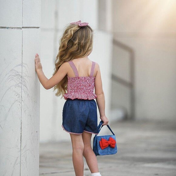 Dollcake Picnic in the Park Sz 6 Red Gingham Top & Shorts Outfit w/ Hair Bow NWO - Picture 7 of 7